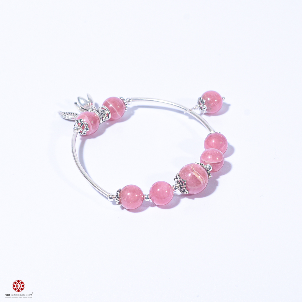 Lắc Tay Đá Đào Hoa phối charm bạc Thái cao cấp 92.5% - Hợp mệnh Hỏa, Thổ, giúp trợ duyên, chiêu tài | VietGemstones