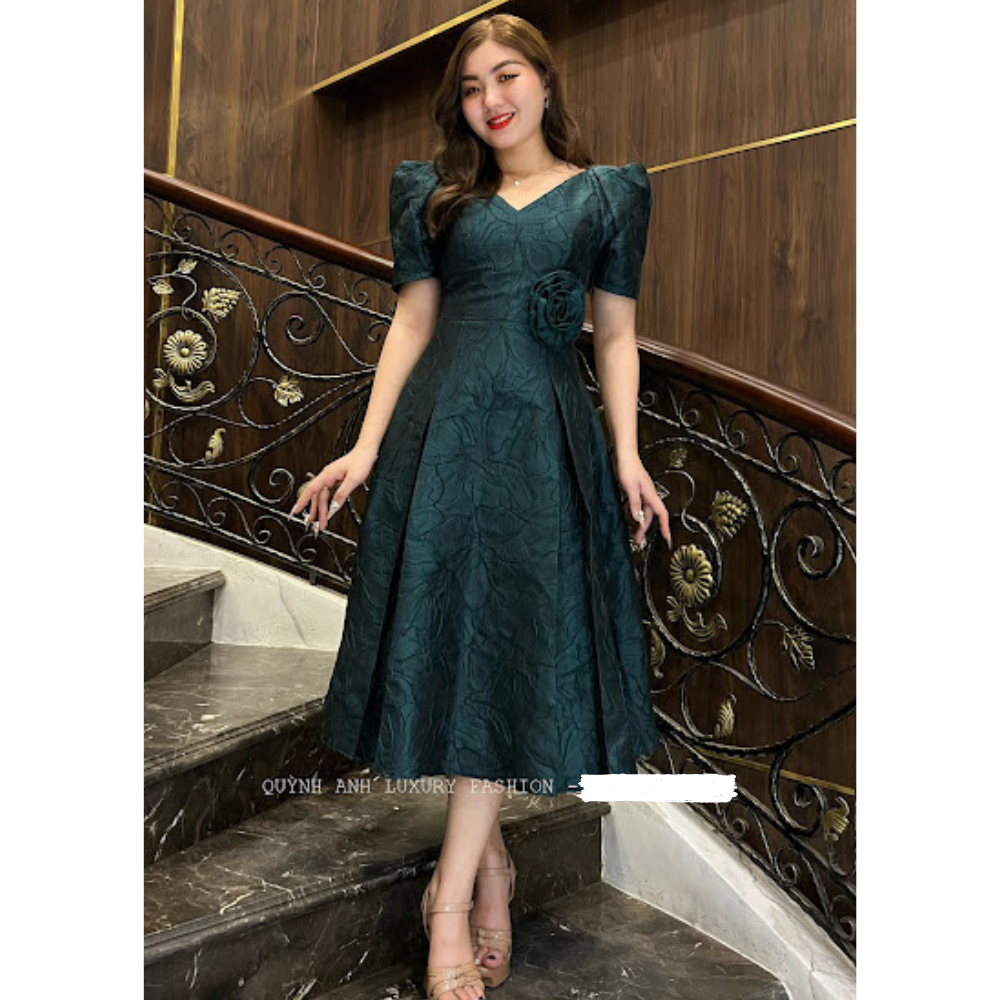 Đầm Xoè Tapta Hoa Xanh Rêu Cao Cấp Frances Dress