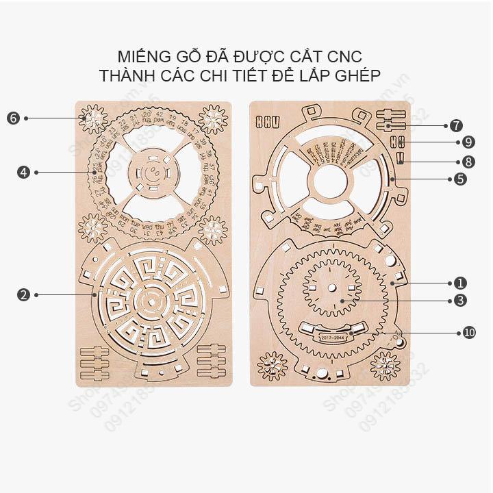 Đồ chơi lịch vạn niên lắp ghép từ các chi tiết gỗ cắt CNC, thể hiện lịch từ năm 2017 đến 2044