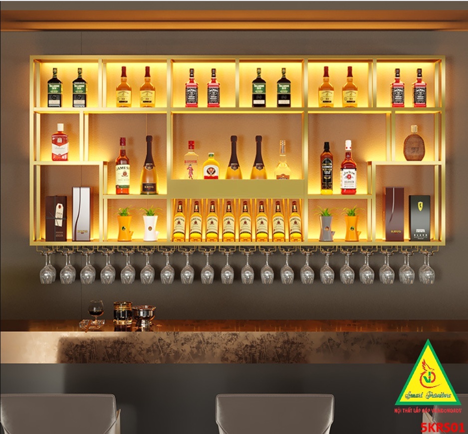 KỆ TRƯNG RƯỢU KHUNG SẮT – MẶT GỖ CÓ ĐÈN 5KRS01 - NỘI THẤT LẮP RÁP VIENDONGADV