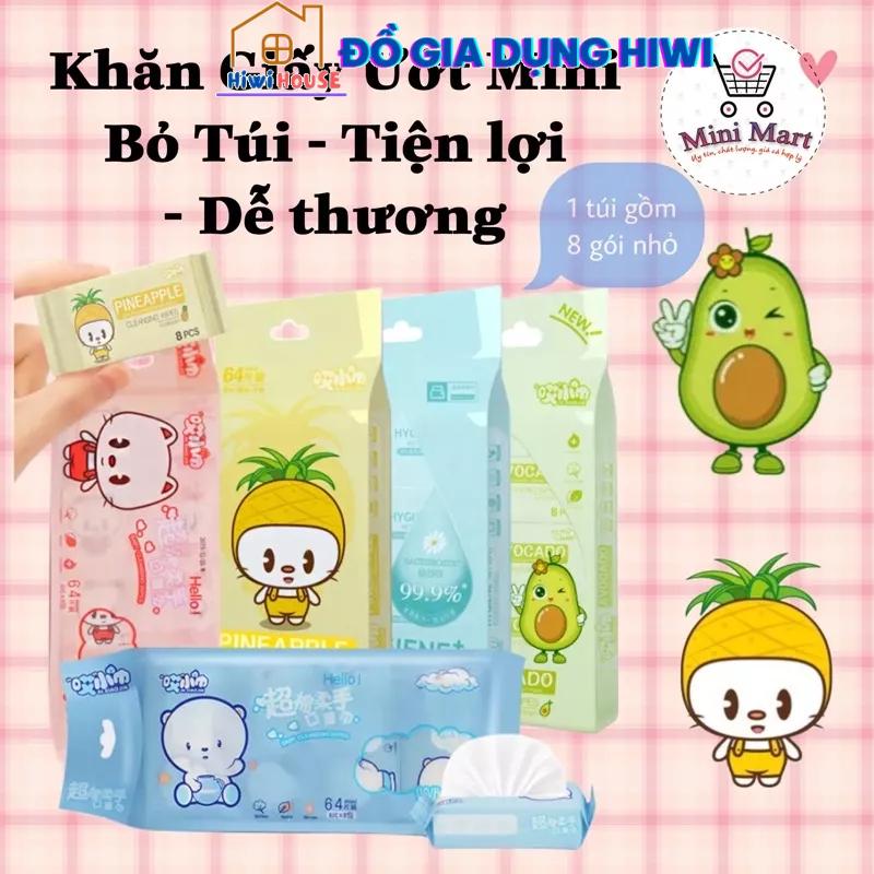 Bịch 8 Gói Khăn Ướt, Giấy Ướt Mini Bỏ Túi Hoạt Hình Dễ Thương Tiện Lợi Nội Địa Trung