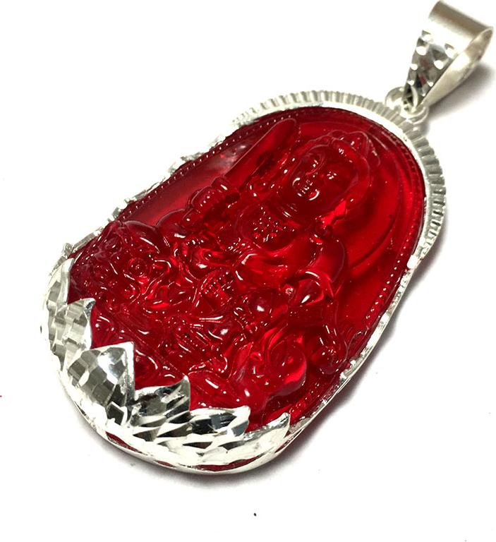 Mặt dây nam bản mệnh ngài Van Thù Bồ Tát màu ĐỎ bọc đài sen bạc ta phay sáng bóng cho người tuổi Mão Bạc QTJ - MBM24