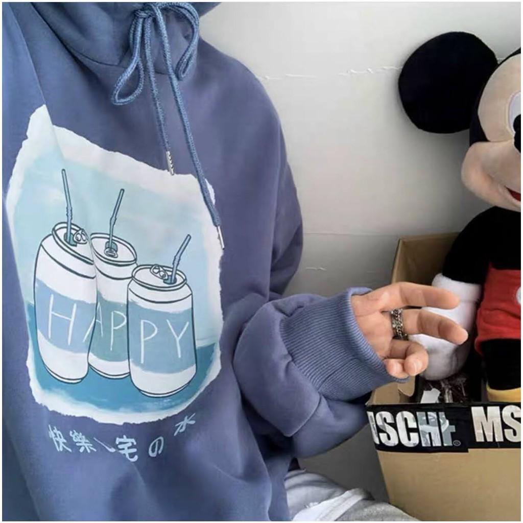 Áo khoác nam nữ nỉ ngoại hoodie tay bí 3 lon nước ngọt Happy