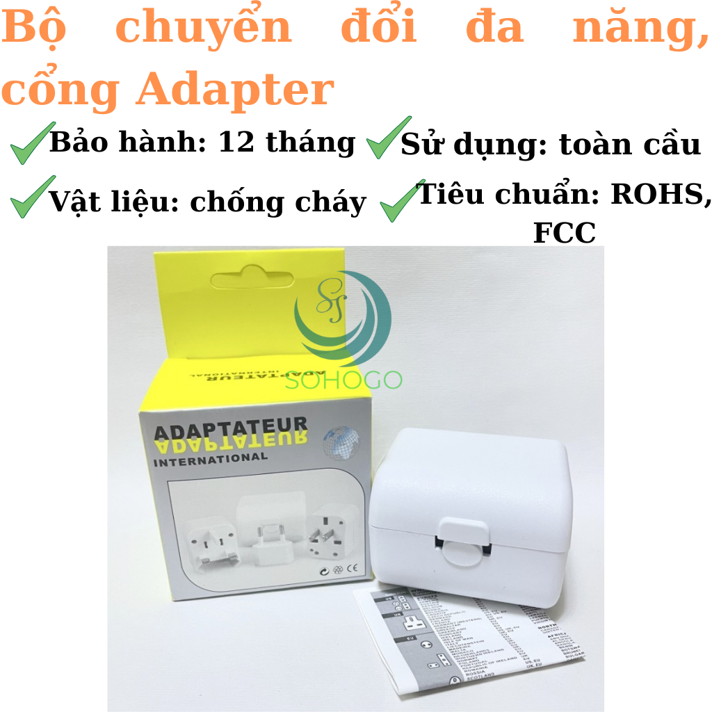 Ổ cắm du lịch đa năng xuyên lục địa 200 Quốc Gia-Ổ cắm chuyển đổi nguồn phù hợp với chuẩn của Châu Âu, Mỹ, Úc, Nhật Bản-Ổ cắm điện đa năng du lịch Universal Travel Adapter nhiều đầu