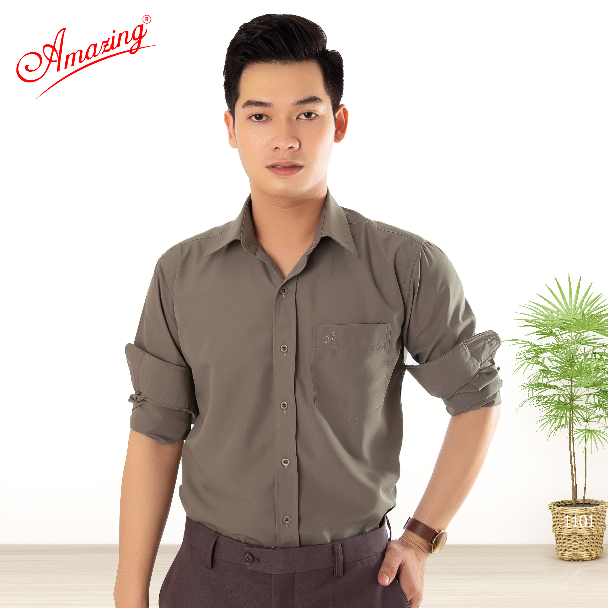 Áo sơ mi nam Amazing vạt bầu, dài tay, form xuông thoải mái, vải KT silk màu trơn, phong cách công sở, trung niên, size từ 50-100kg