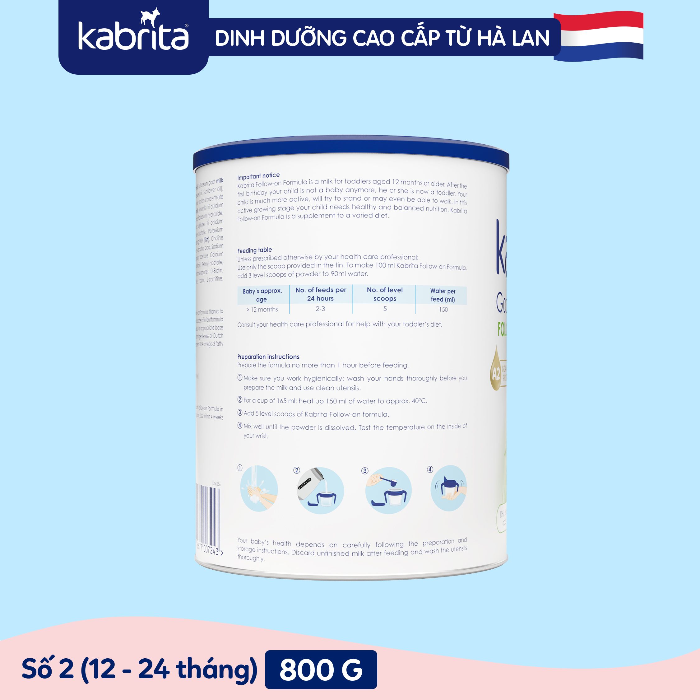 [TẶNG BALO] Sữa dê Kabrita số 2 cho trẻ từ 12- 24 tháng - Lon 800g