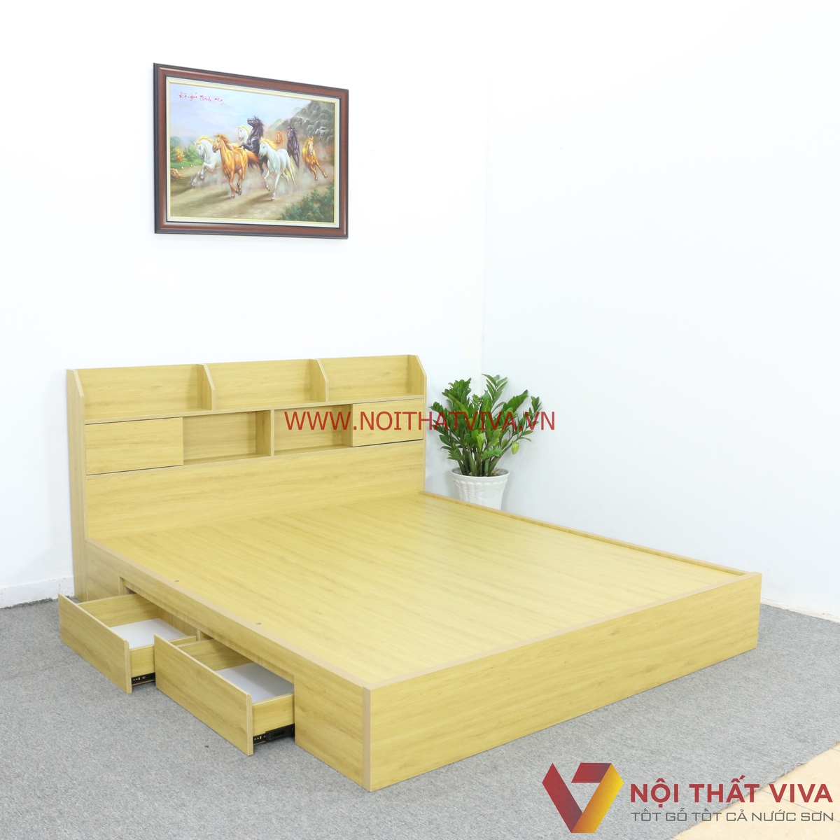 Giường Ngủ Gỗ MDF Màu Vàng Có Hộc Kéo + Kệ Trang Trí Đẹp Hiện Đại