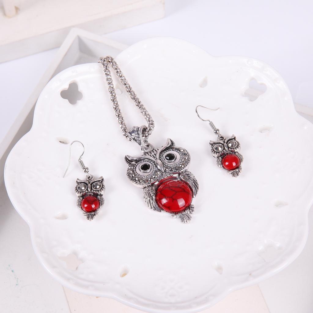 Pendant Necklace Earrings Bracelet Jewelry Set - Owl Red