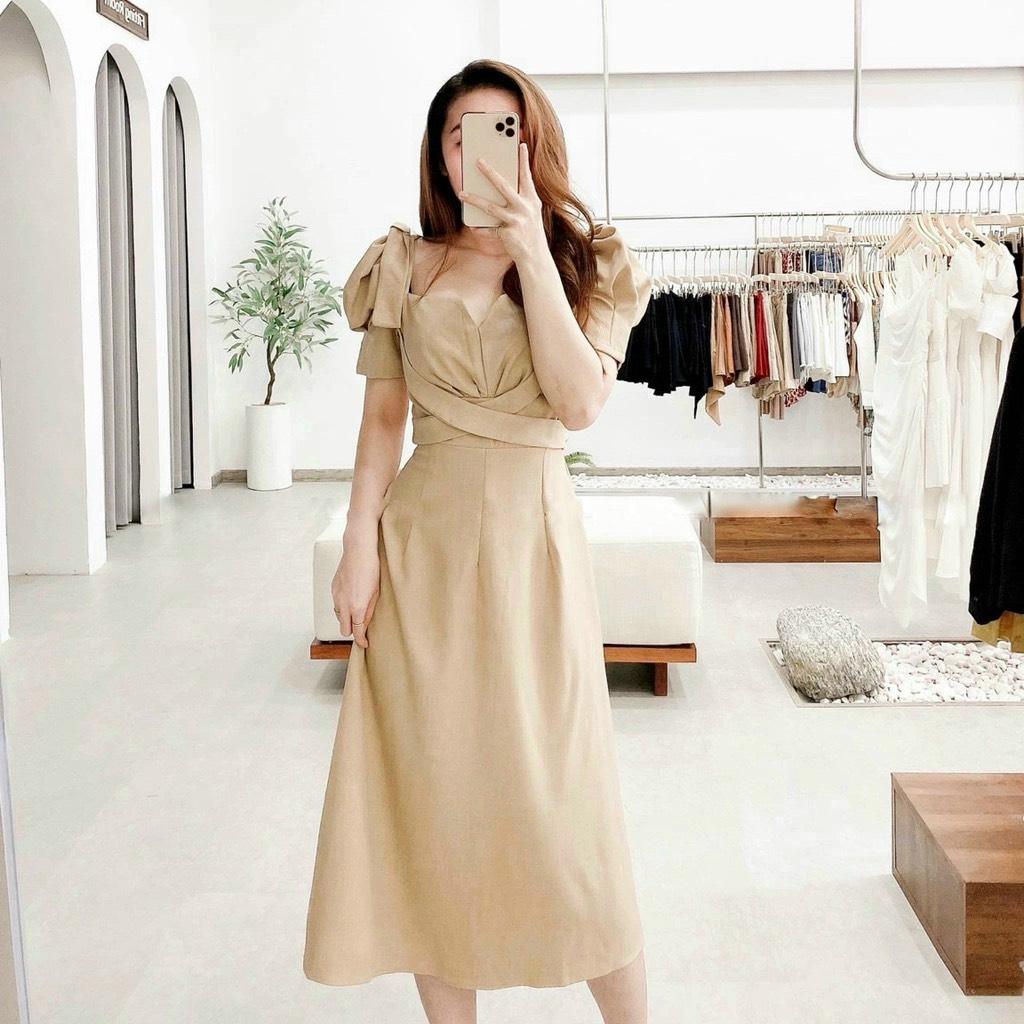 ĐẦM MAXI NƠ VAI CHÉO EO TAY PHỒNG 78561731 [MỎ CHU SHOP