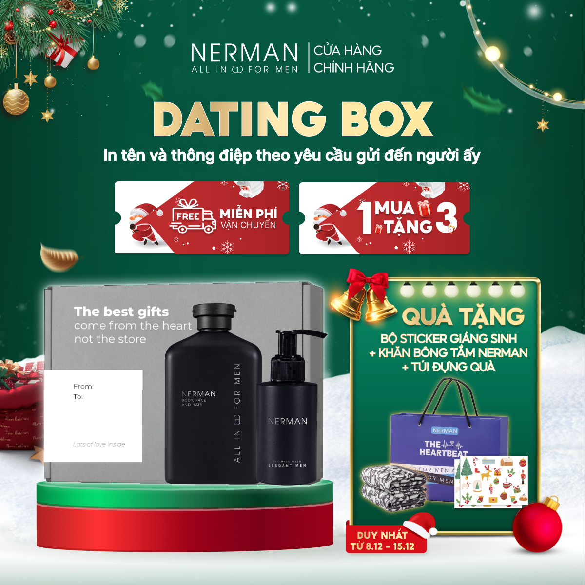 Bộ quà tặng Noel giáng sinh cho nam DATING BOX - Sữa tắm gội Gentleman 3in1 hương nước hoa cao cấp 350ml & Gel vệ sinh nam Elegant 50g