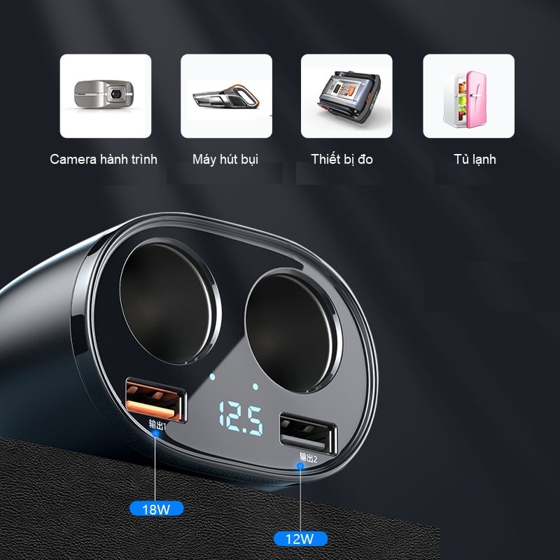 Bộ chia tẩu sạc ô tô cao cấp Philips DLP4007B/93 - Chế độ kết hợp 2 đầu ra - Bảo hành 24 tháng