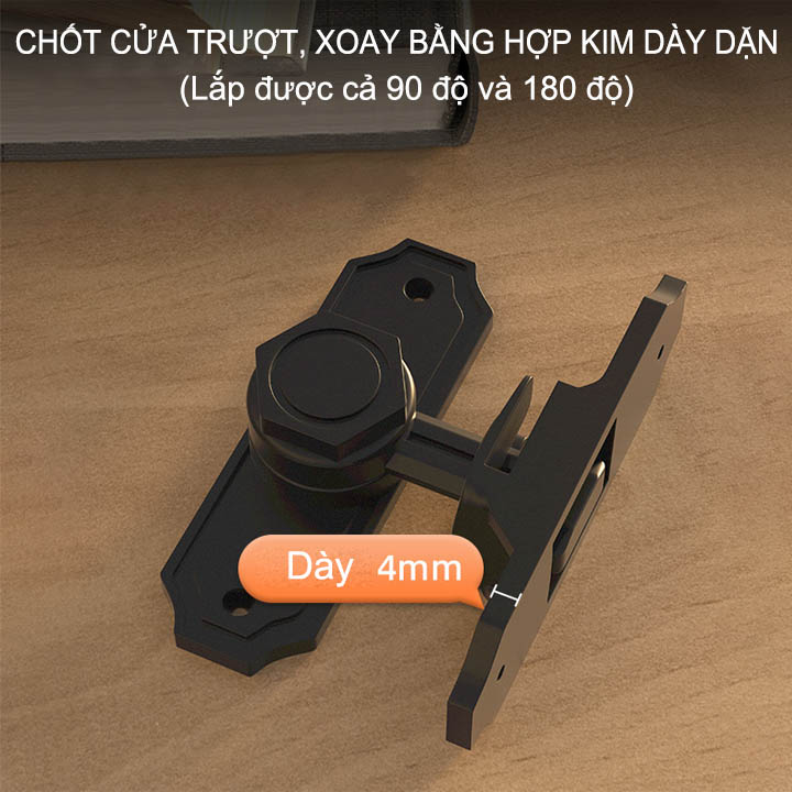 Chốt cửa trượt, xoay chống trộm HK02 bằng hợp kim dày dặn, lắp được cả 90 và 180 độ