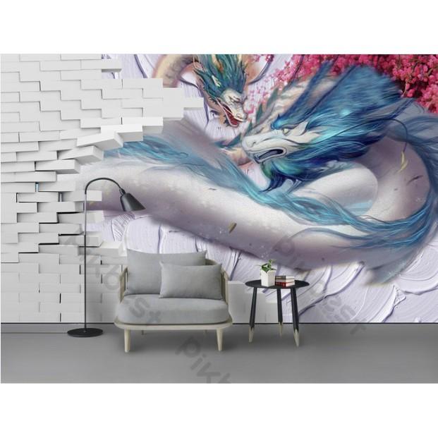 Tranh dán tường Tranh 3d dán tường Rồng Xuyên Tường
