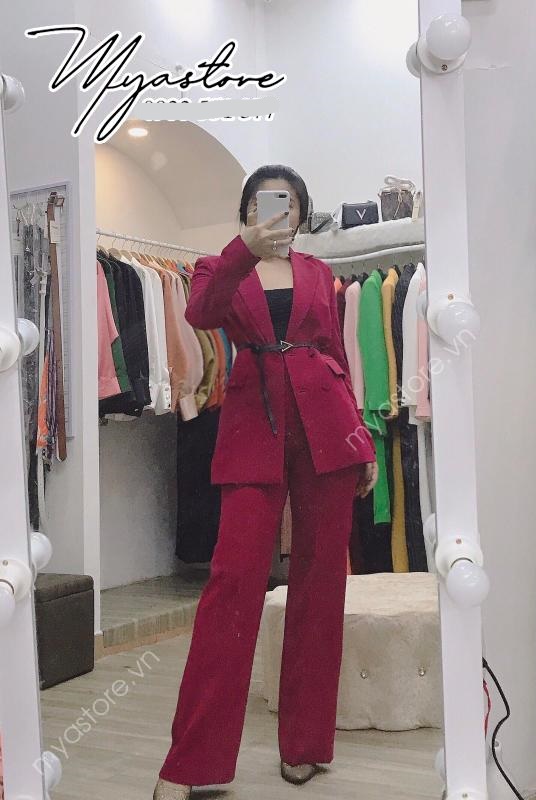 Set vest nữ cao cấp dự tiệc, công sở màu đỏ cánh sen