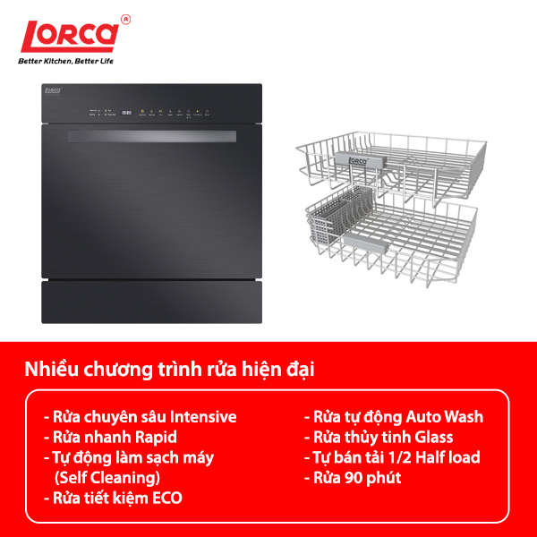 Máy rửa bát 8 bộ LORCA TA 916DWB - Hàng nhập khẩu chính hãng cao cấp, rửa được 8 bộ bát đĩa châu Áu