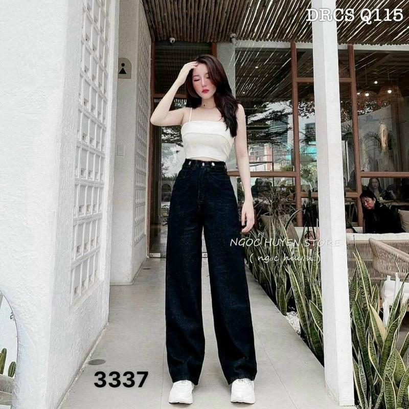 Quần Jeans Suông Đen Phối 3 Cúc Q040