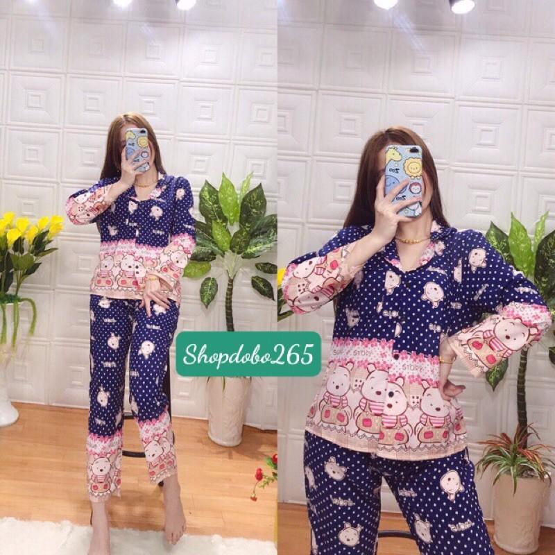 Đồ bộ nữ mặc nhà, bộ pijama dài tay vải lụa viền chân thời trang.