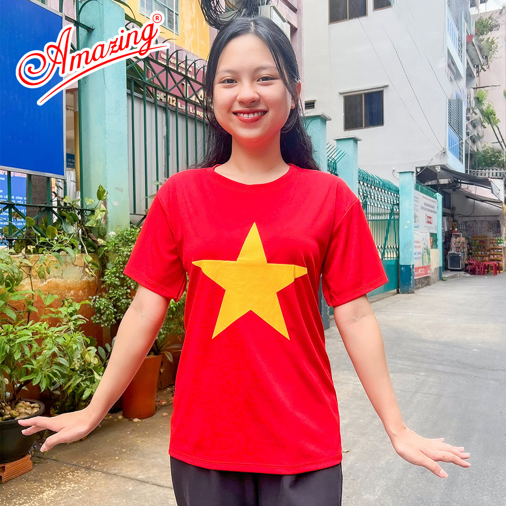 Áo thun cờ đỏ sao vàng, trang phục biểu diễn, dành cho bé gái và bé trai, size đến 100kg, Amazing
