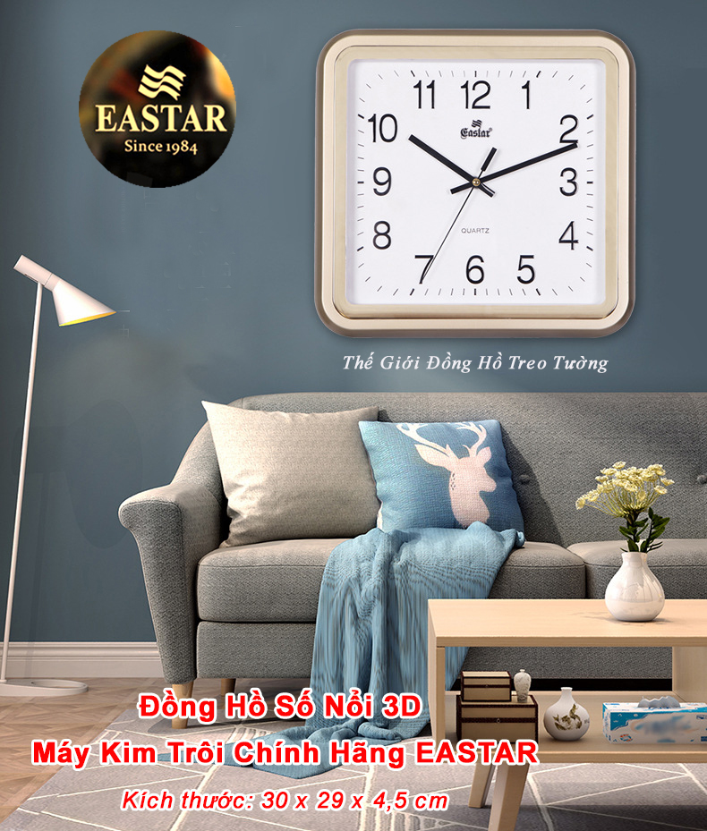Đồng hồ Treo Tường KIM TRÔI EASTAR CAO CẤP - Mặt Vuông - Viền Kim Tuyến - Số nổi Ánh kim - Bảo Hành 1 Năm - Tặng Pin Maxell