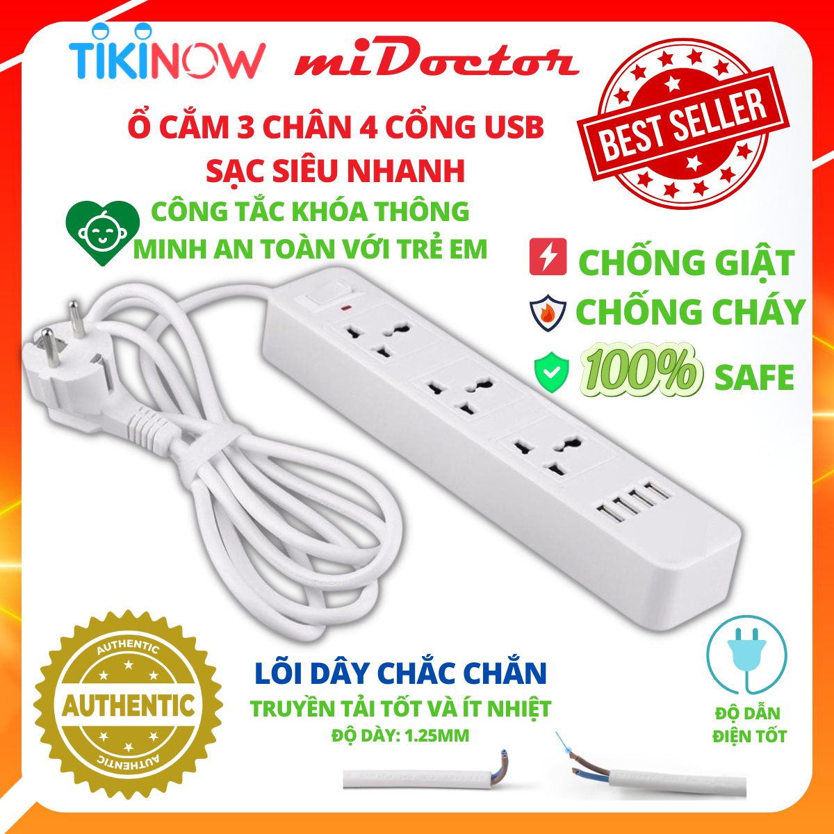 Ổ Cắm Điện Đa Năng Có 4 Cổng USB Sạc Điện Thoại Tối Đa 12W và Ổ Điện Chịu Tải 2500W Dây Nối Dài 2M Chọn Màu Chính Hãng miDoctor