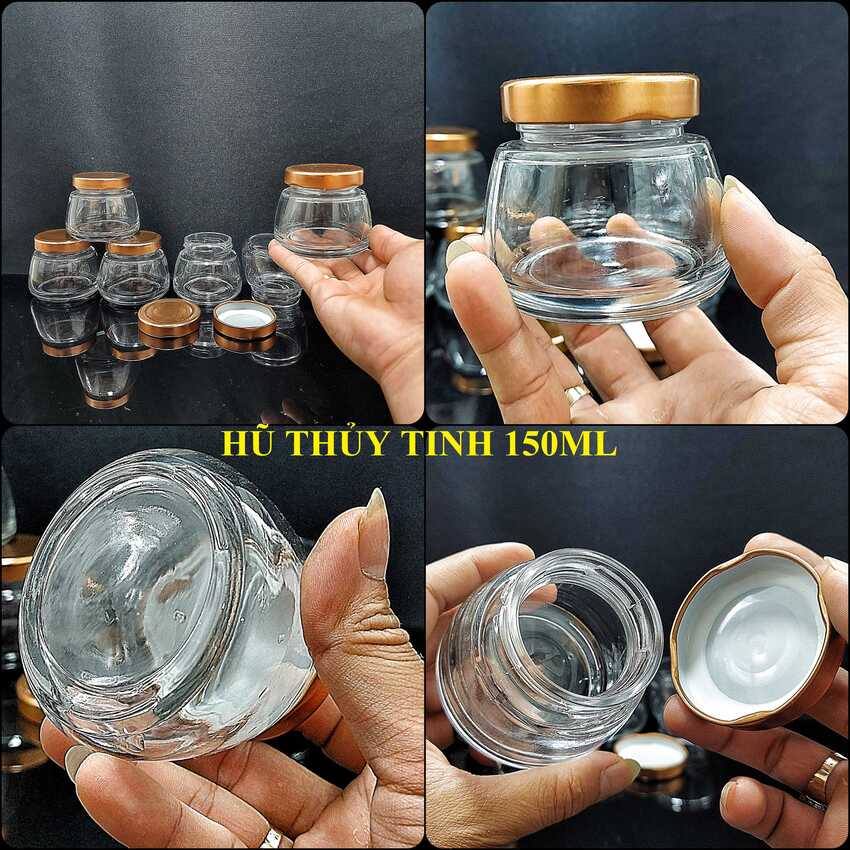 Lọ Thủy Tinh 150ML (combo 12 cái) nắp thiếc màu đồng – vai thon, cực dày, siêu trong - Hủ Chưng Yến , Hũ Làm Sữa Chua , Lọ Đựng Sữa Chua , dầu dừa, thực phẩm, mỹ phẩm, gia vị