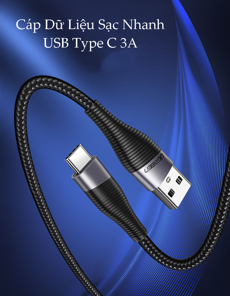 Dây cáp sạc và truyền dữ liệu, dài 0.5-2m UGREEN ED022 cổng USB type C, hỗ trợ sạc nhanh dòng 3A, vỏ bện nylon - Hàng nhập khẩu chính hãng