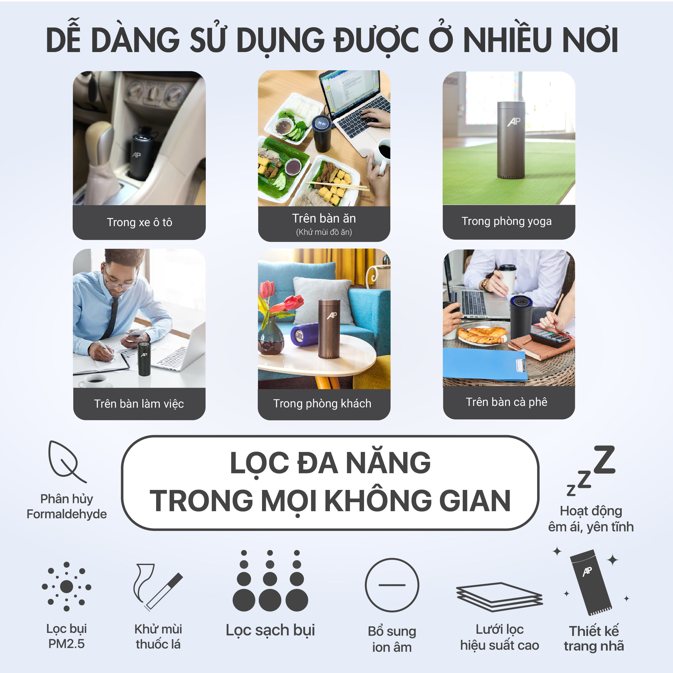 MÁY LỌC KHÔNG KHÍ ĐA NĂNG - Lọc Không Khí Cho Nhiều Không Gian Và Khử Mùi Hiệu Quả, Lõi Lọc HEPA Lọc Sạch Bụi Mịn PM2.5 (Màu đen) - Hàng Nhập Khẩu