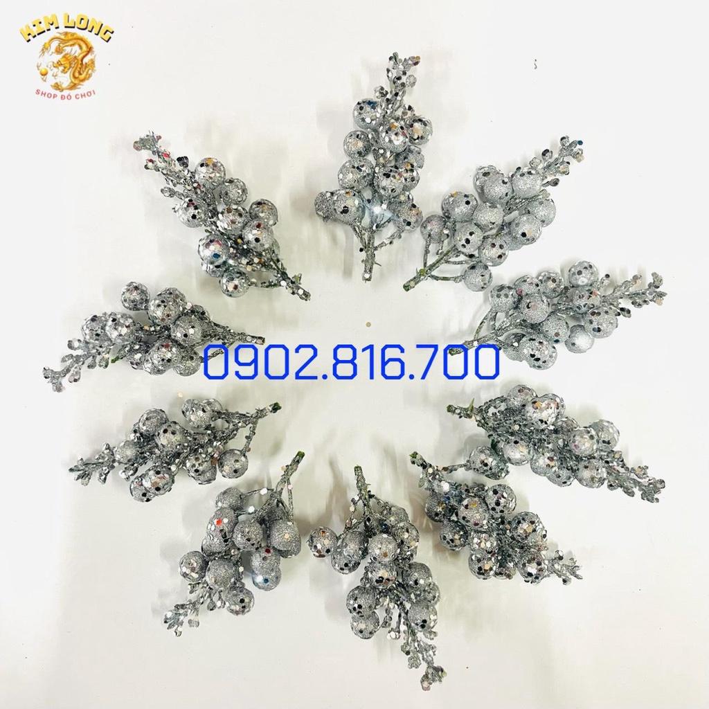 Sét 10 nhánh cherry đỏ trơn phủ kim tuyến bạc đỏ vàng đính cây thông làm vòng nguyệt quế trang trí noel- giáng sinh tết