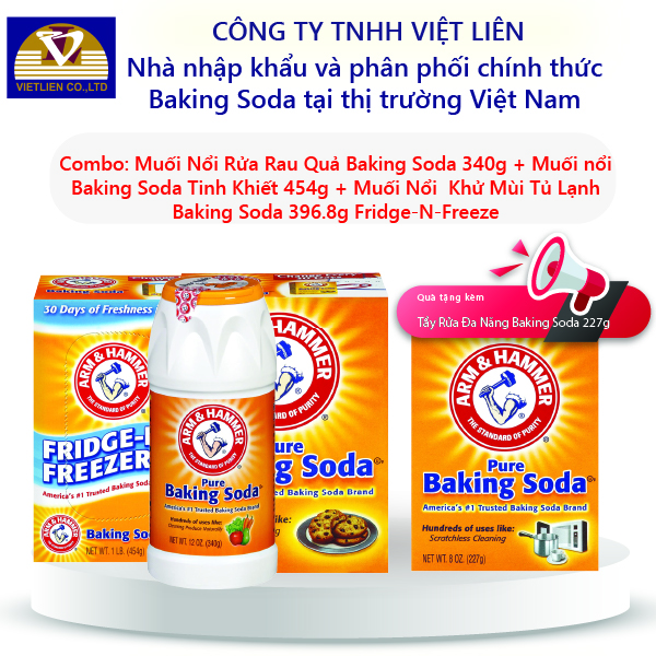 Combo 3 Baking Soda: Muối Nổi Rửa Rau Quả 340g, Muối nổi Tinh Khiết 453g, Muối Nổi Khử Mùi Tủ Lạnh 396.8g tặng Tẩy rửa đa năng 227g