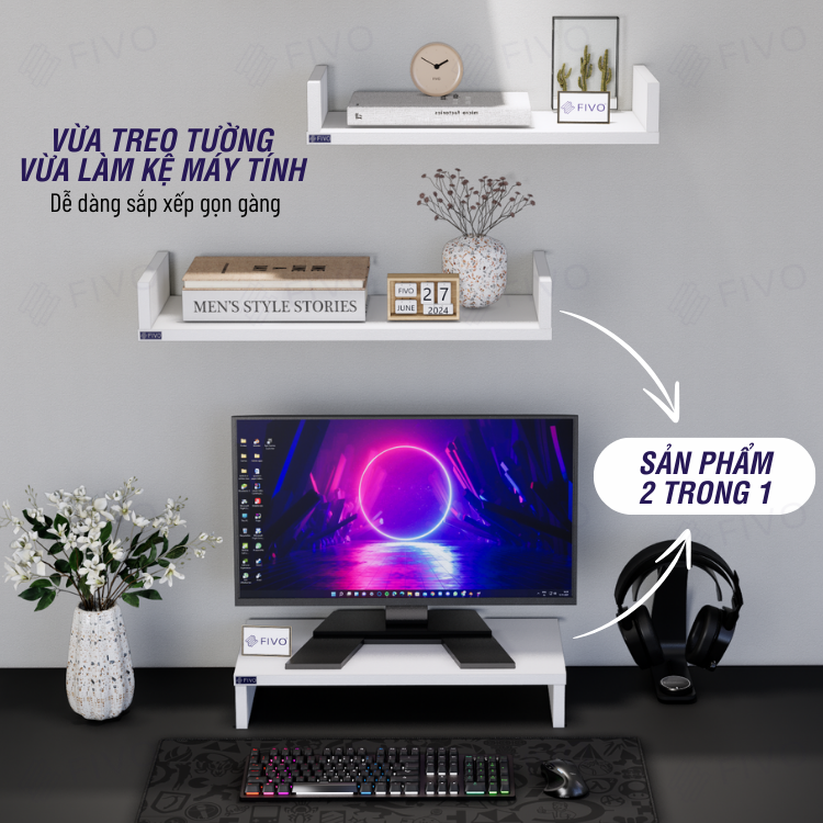 Kệ Sách Gỗ Treo Tường Chữ U FIVO FB43 Gỗ Dày Chống Ẩm, Sản Phẩm Vừa Treo Tường Vừa Có Thể Để Bàn, Phù Hợp Mọi Không Gian