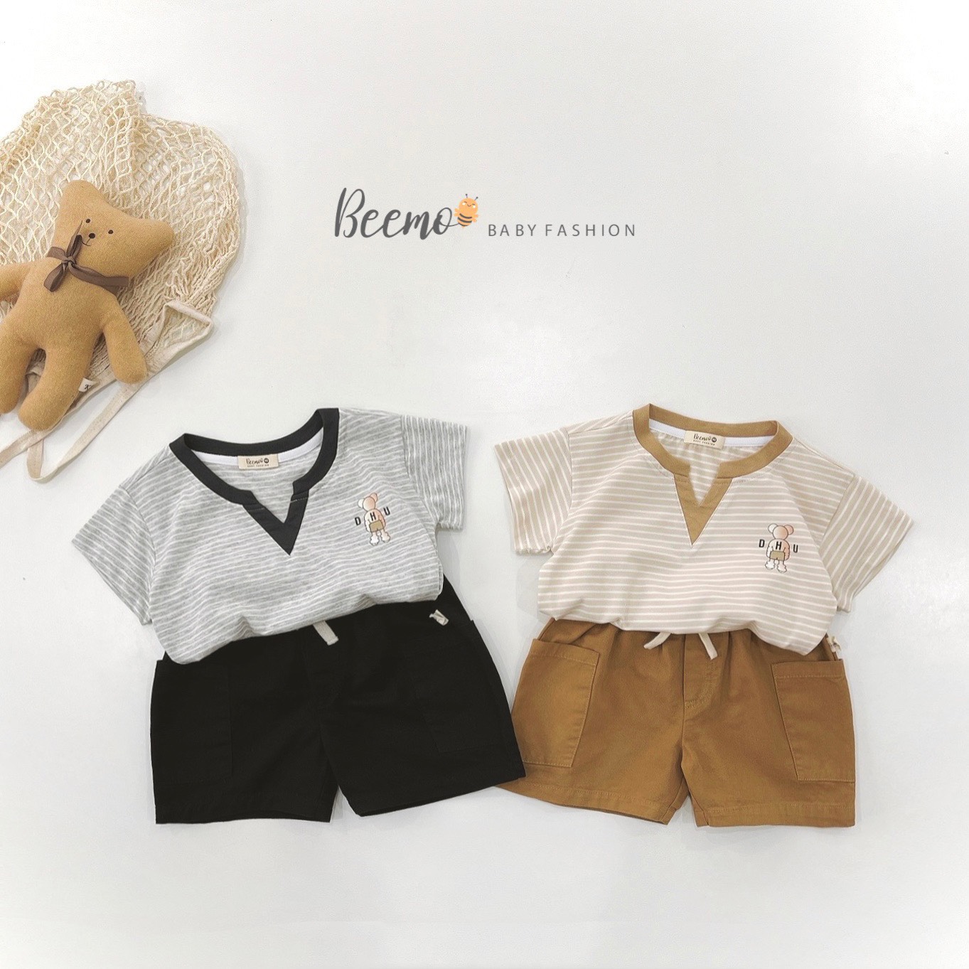 Bộ cộc tay bé trai 1-7 tuổi cổ chữ V phối kẻ ngang, Đồ bộ hè cho bé hàng thiết kế cao cấp kiêu dáng thời trang
