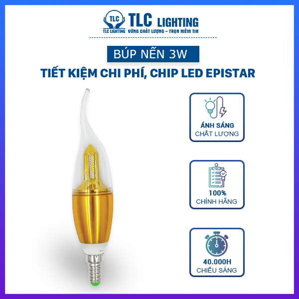 Đèn LED Nến Trang Trí 3W TLC Lighting - Đui đèn E14 từ Crom chống gỉ sét hiệu quả - Ánh sáng Trắng/Vàng/3 Màu - Hàng chính hãng