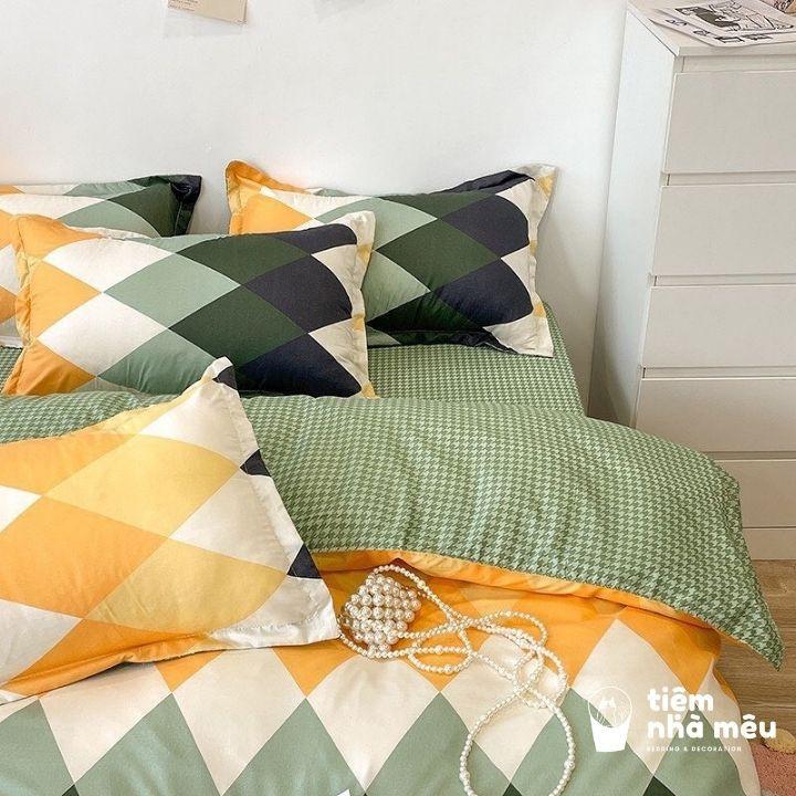 Bộ Chăn Ga Gối Cotton 3D m6/m8/2m - Full size Tiệm Nhà Mêu 2 Vỏ gối ,drap , vỏ chăn Cotton Kẻ Xanh Trắng Nhập Khẩu