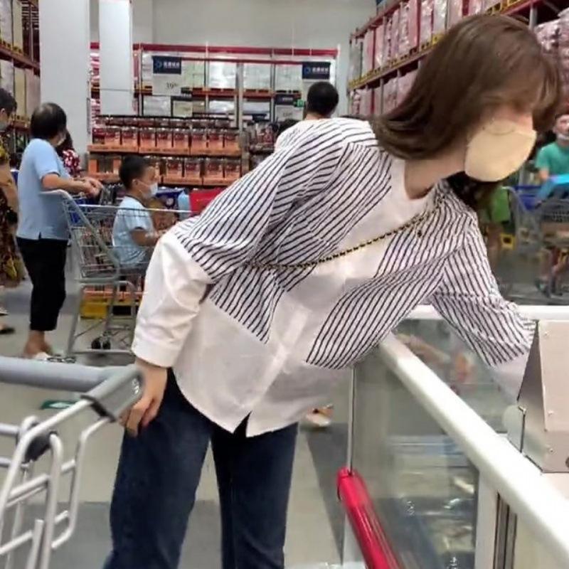 MS811 Áo sơ mi nữ cổ trụ kẻ sọc vạt bầu túi ngực