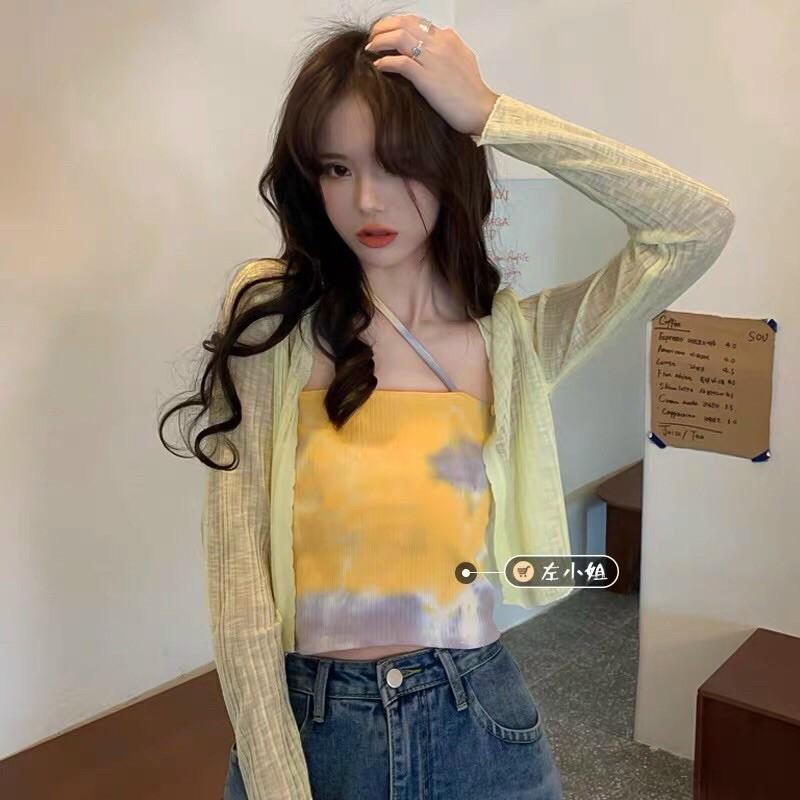 Set áo cardigan len mỏng kèm áo quây loang màu dây chéo