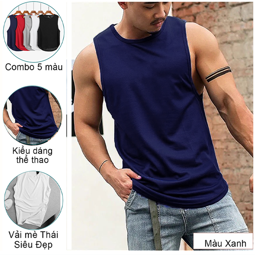 Áo tanktop trơn, áo thun ba lỗ tập gym nam vải mè co giãn không nhăn, thấm hút mồ hôi cực tốt - Màu xanh đậm