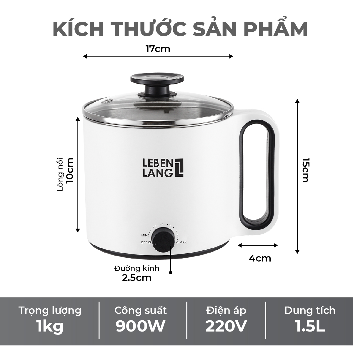 Nồi lẩu điện mini đa năng Lebenlang LBEC0808 1500ml - Hàng chính hãng