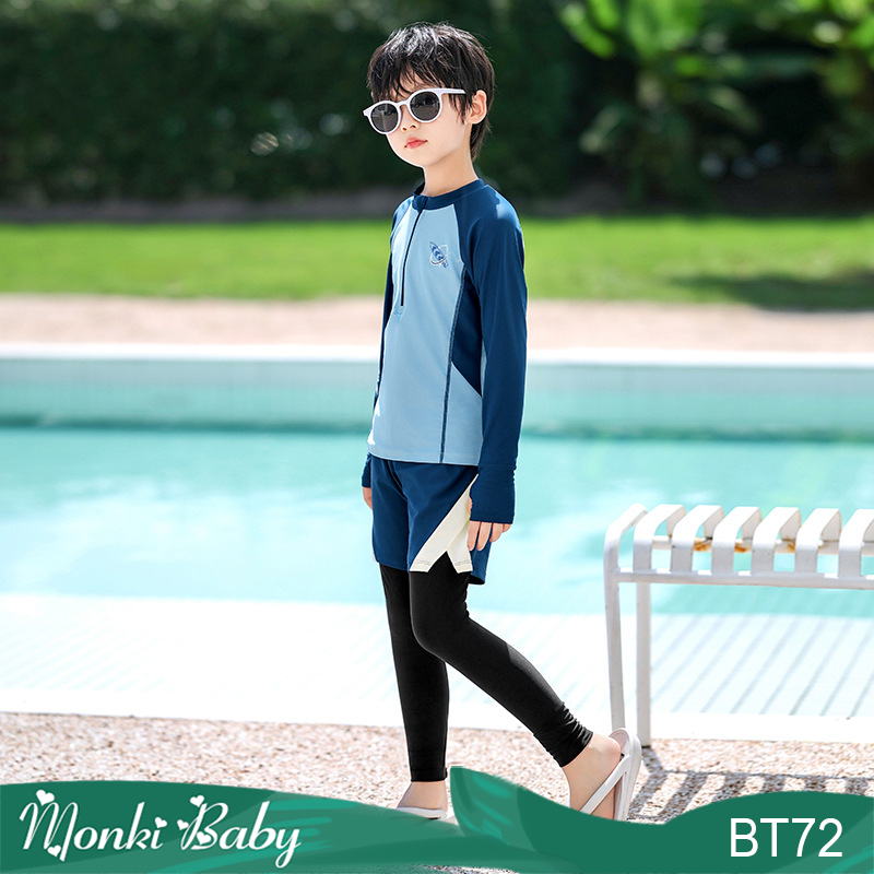 Bộ bơi bé trai chống nắng cao cấp, áo bơi dài tay khóa kéo, quần dài 2 lớp chất thun bơi lạnh, thời trang nam tính, có size lớn | BT72
