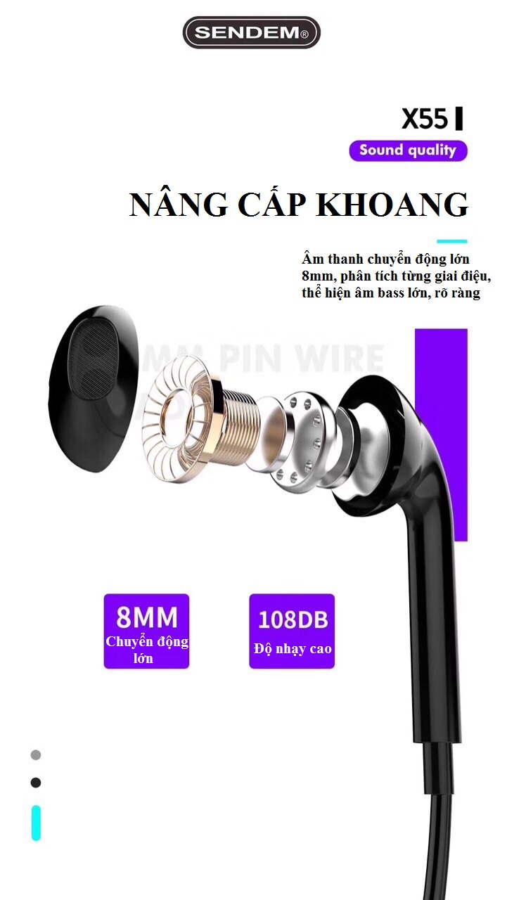 Tai nghe nhét tai SENDEM X55 Jack tròn 3,5mm Âm thanh siêu âm - Bass cực hay - Hàng chính hãng