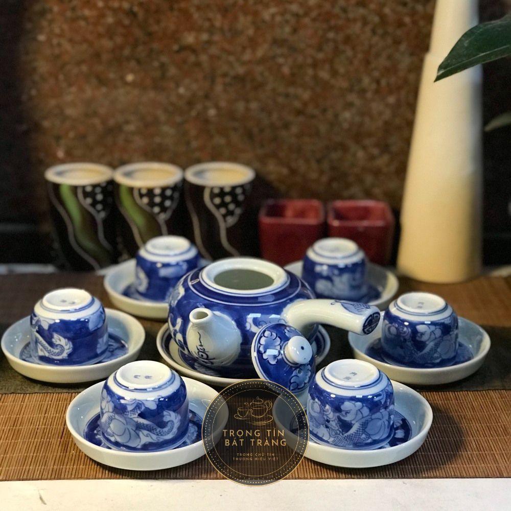 Bộ Ấm Chén Trà Đạo Gốm Trắng Men Lam Bát Tràng Long Ẩn Dáng Đường Vũ Dung Tích 300ml ATA 20