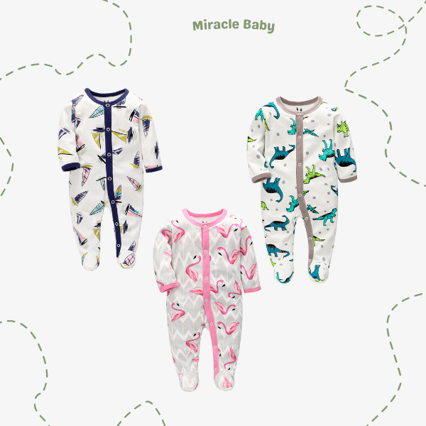 Jumpsuit/Bodysuit Tay Dài chất liệu 100% cotton Miraclebaby cho Bé Trai, Bé Gái (Từ 1-2 tháng, 2-4 tháng, 5-7 tháng)