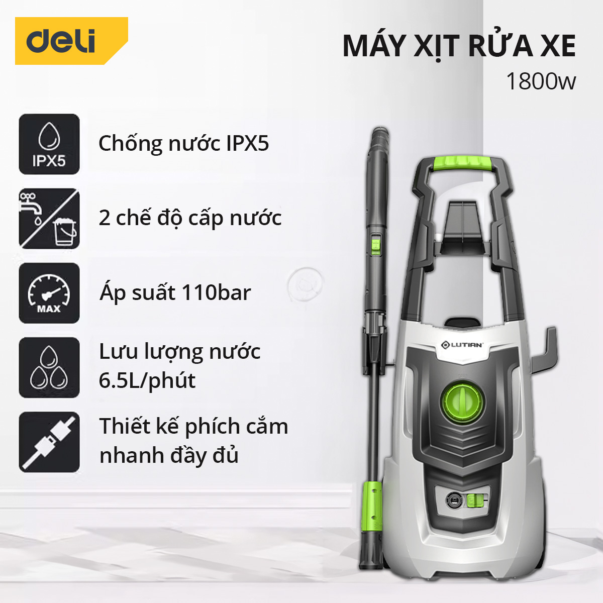 Máy Xịt Rửa DELI Áp Lực Cao 1800W - Bảo Hành 36 Tháng - Phun Rửa Đa Năng, Tối Đa Công Suất, Tiết Kiệm Điện Năng - Dáng Đứng