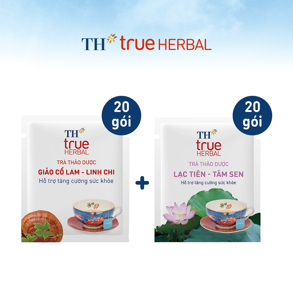 Bộ 2 hộp Trà thảo dược Giảo cổ lam – Linh chi &amp; Trà Lạc tiên – Tâm sen TH True Herbal (40 gói)