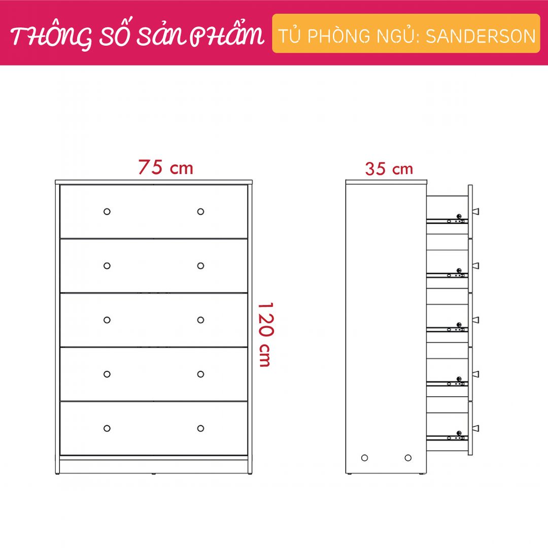 Tủ phòng ngủ gỗ hiện đại SMLIFE Sanderson | Gỗ MDF dày 17mm chống ẩm | D75xR35xC120cm