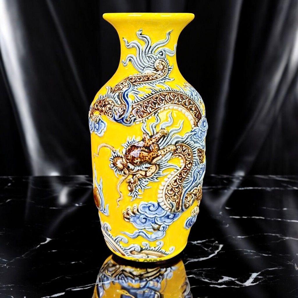 Lọ Lộc Bình Men Vàng Gốm Sứ RỒNG VIỆT - lọ hoa Họa Tiết Nổi Rồng đắp nổi bát tràng cao cấp