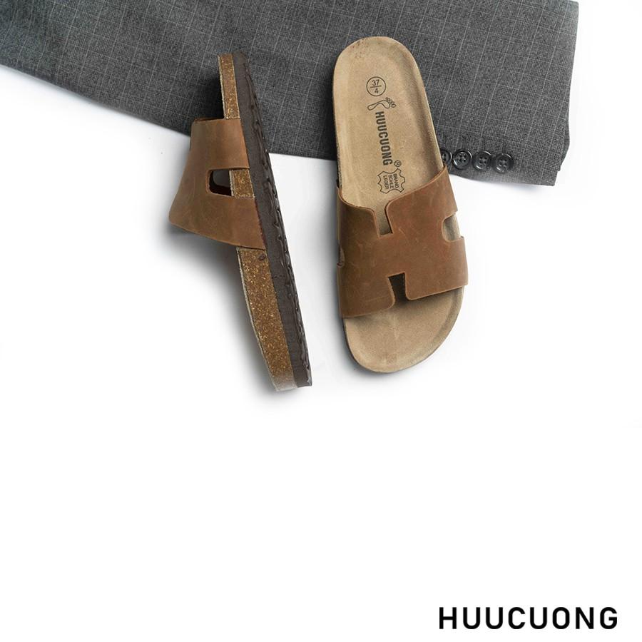 Dép unisex Huucuong chữ H da bò nâu đế trấu handmade