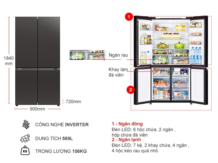 Tủ lạnh Hitachi Inverter 569 lít R-WB640PGV1(GMG)