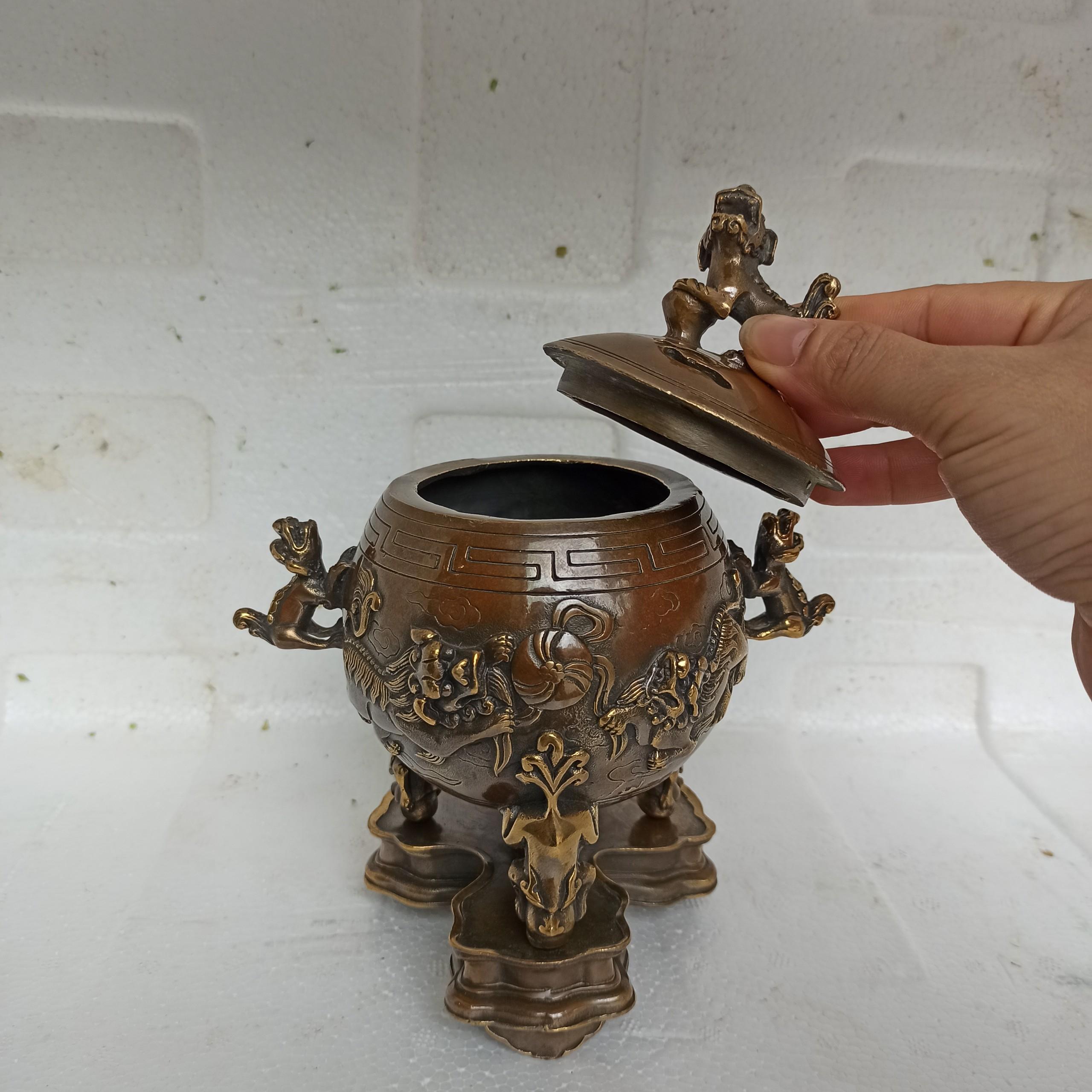 Lư đồng xông trầm đốt trầm Đỉnh Xông Trầm Lư Trầm Bằng Đồng, Lư Bóng Lân Vờn Cầu Bằng Đồng Hun Giả Cổ