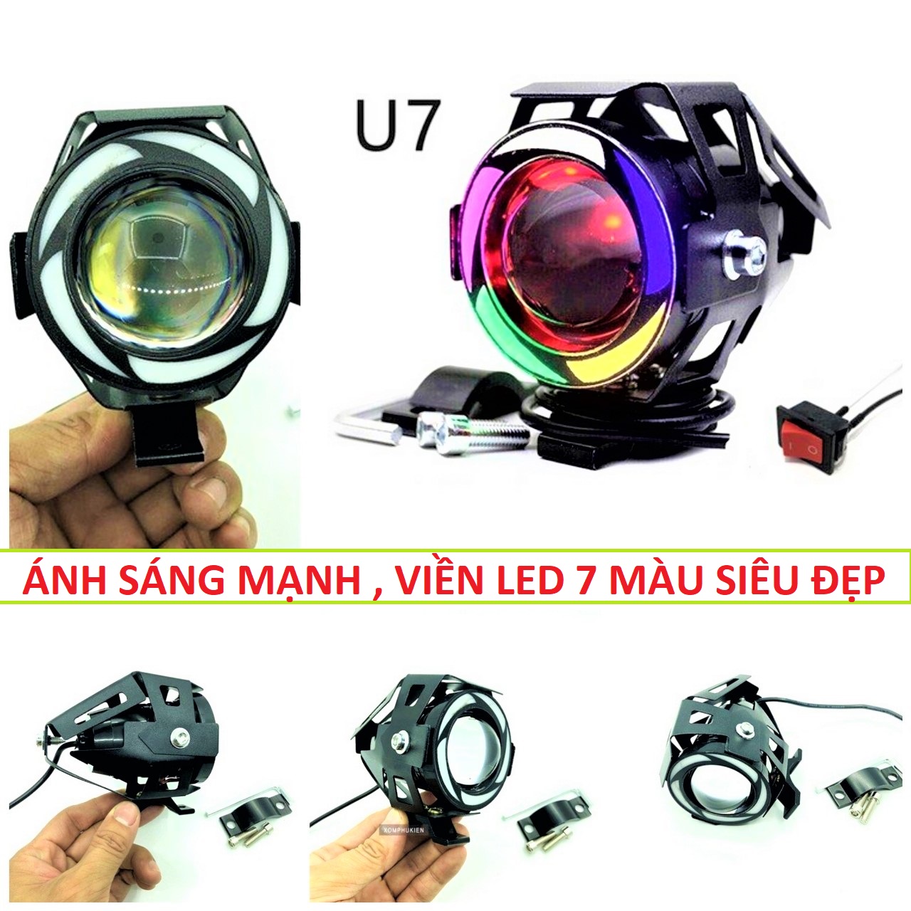 Đèn trợ sáng xe máy ô tô U7 ngũ sắc siêu sáng chống nước có viền led cực đẹp loại tốt mẫu mới lắp các xe