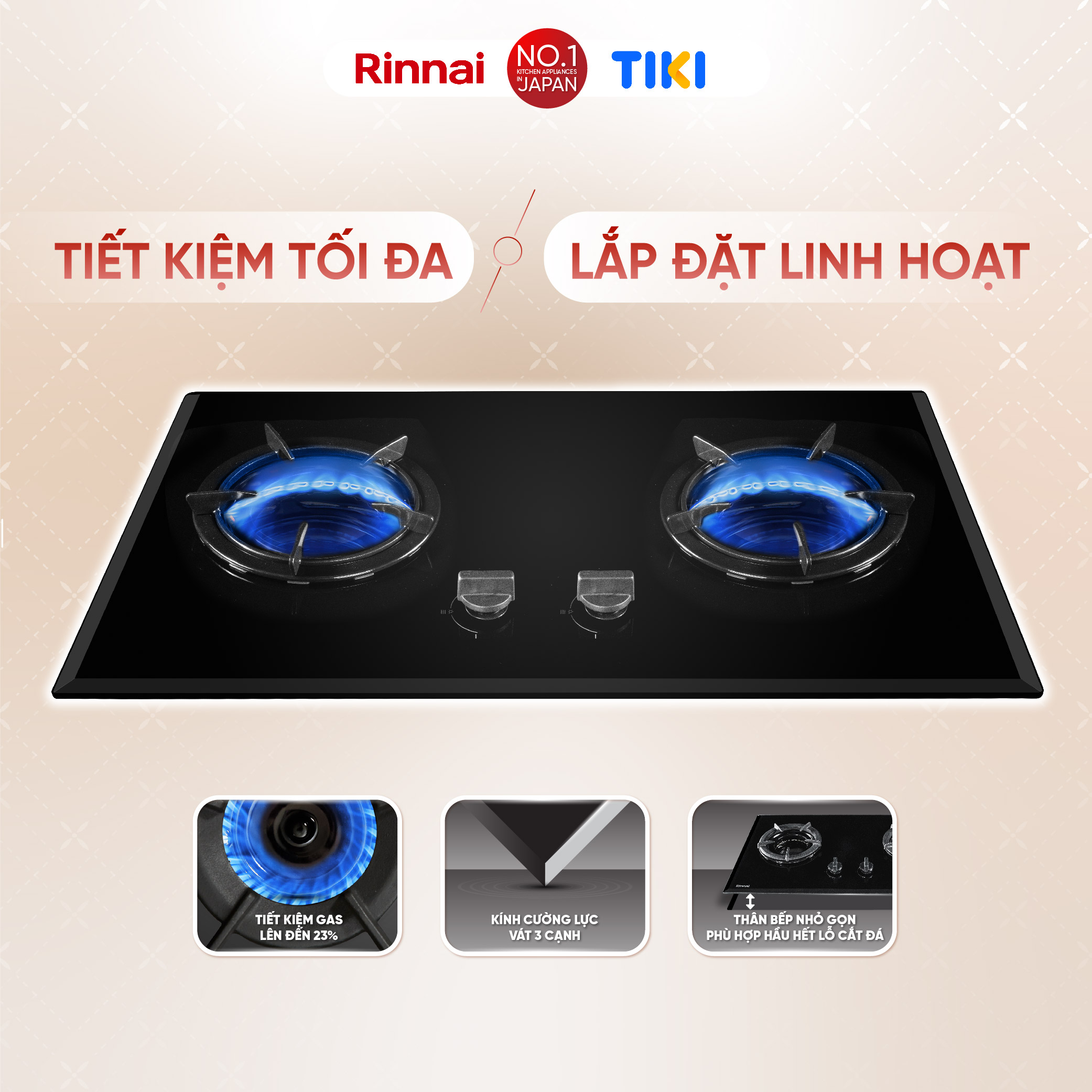 [SP MỚI 2024] Bếp gas âm đầu đốt trong Rinnai RVB-2iFC(B) kích thước lắp đặt linh hoạt, kiềng gang - Hàng chính hãng